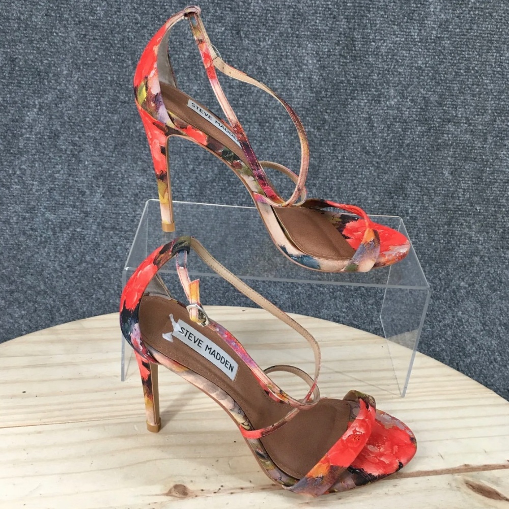 Steve Madden Heels 7 M Dress Pump Red Fabric Strappy Stiletto Floral Casual Open
